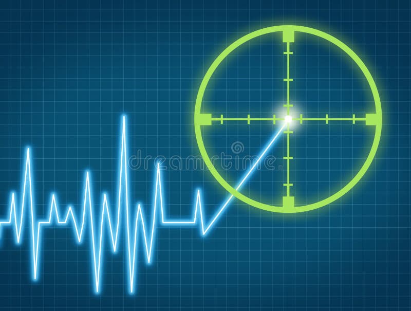 Stock price target aiming to buy the equity from an individual company at the right high price for a profit represented by a chart with crosshairs targeting the rising ticker symbol. Aiming target illustrations