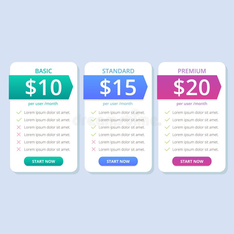 Pricing table list colorful simple for website vector stock illustration