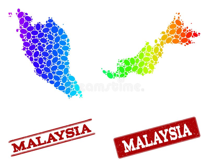Prickig spektrumöversikt av Malaysia och Grungestämpelskyddsremsor royaltyfri illustrationer Prickig spektrumöversikt av Malaysia och Grungestämpelskyddsremsor royaltyfri illustrationer