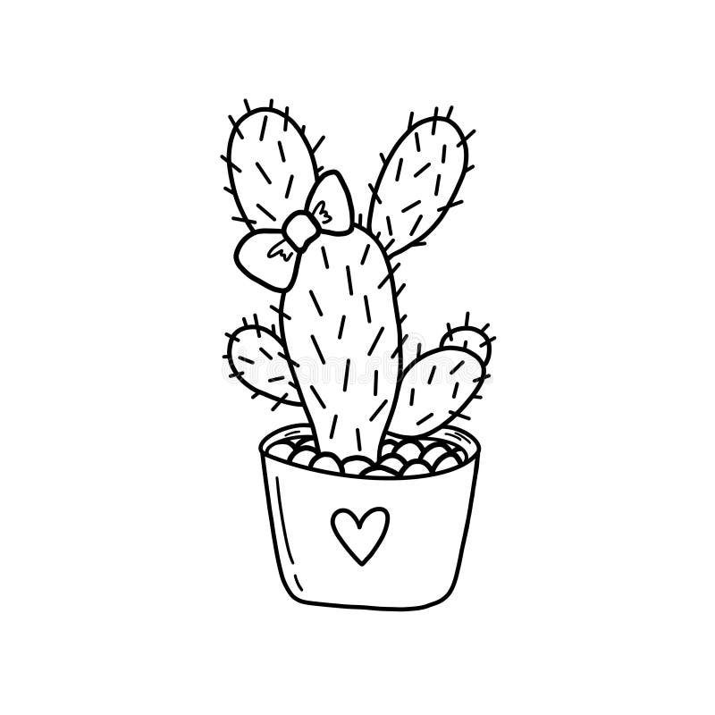 Prickly Cactus In Doodle Style Black And White Illustration Of A Cactus With A Bow In A Pot With A Heart Succulent In The Form O Stock Illustration Illustration Of Floral