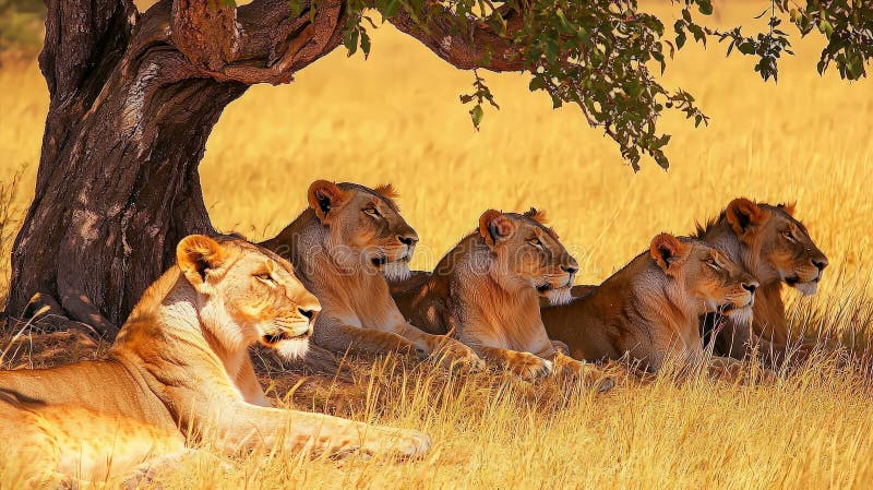 A Pride of Lions Resting Under a Tree in the African Savanna Stock