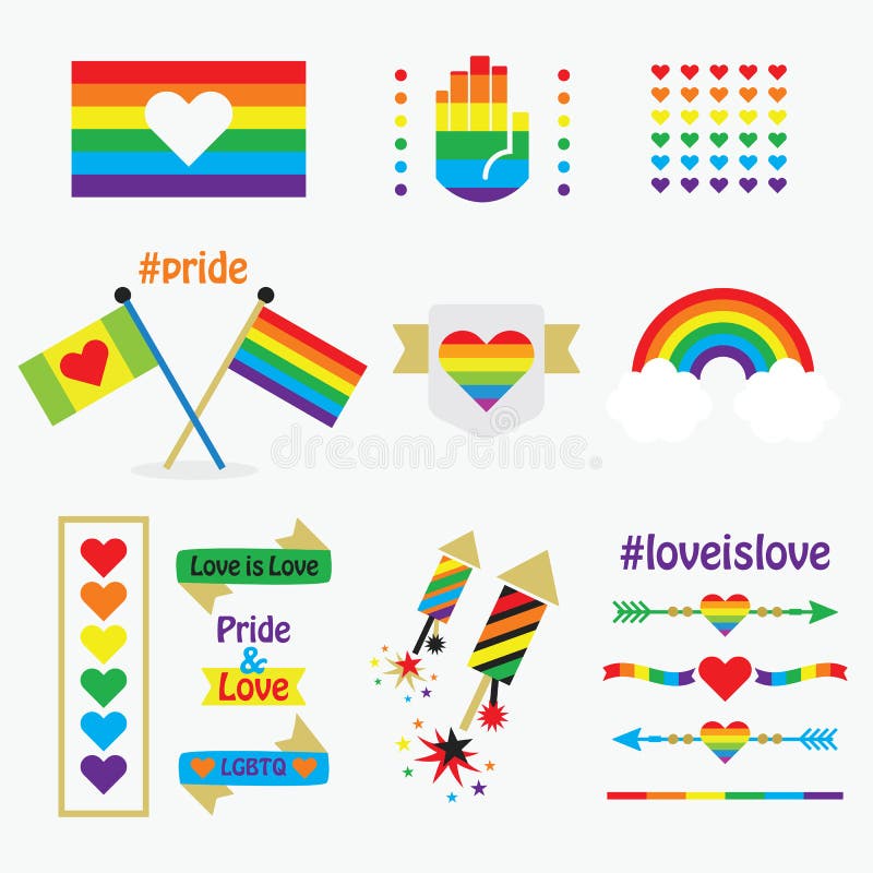 Pride rainbow flags, icons, emblems, dividers, and design elements set on white vector illustration Pride rainbow flags, icons, emblems, dividers, and design elements set on white vector illustration