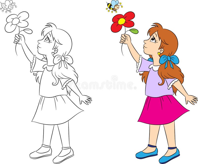 Prima e dopo, disegno di kawaii di colore e di contorno di una ragazza che mostra un fiore ad un'ape per il libro da colorare o i illustrazione di stock