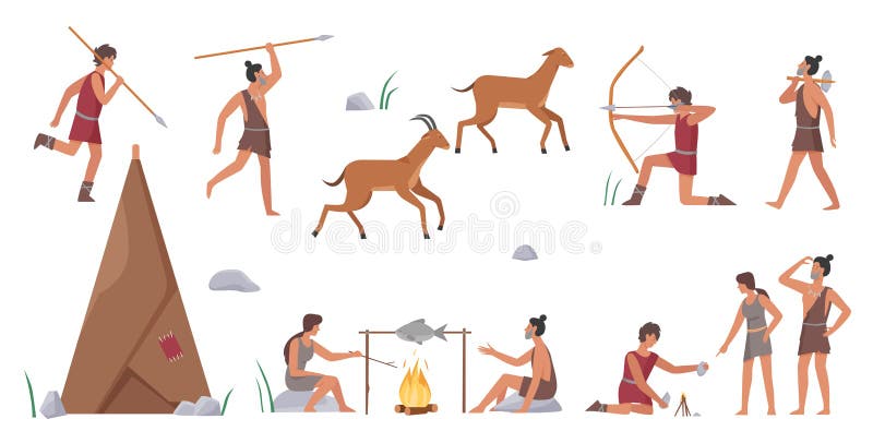 Primal Tribe People Hunt Set, Primitive Tribesman Group Hunting Animals,  Cooking Food Stock Vector - Illustration of stone, hunt: 210697322