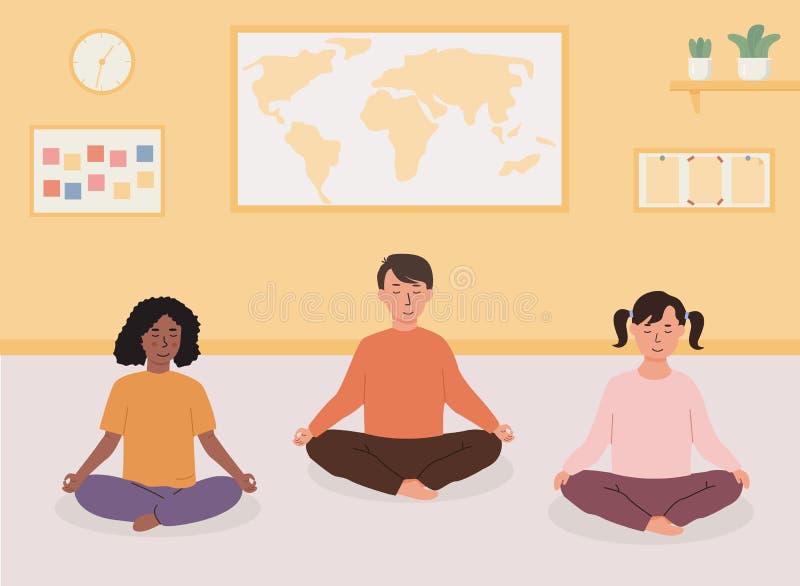 Primary or elementary school kids doing yoga in classroom. Smiling children sitting with cross legs meditating