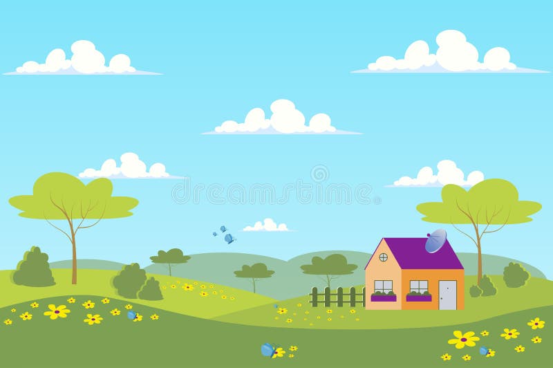 Primavera Pueblo Con Verde Prado Paisaje Fondo En Estilo De Dibujos Animados  Plano Ilustración del Vector - Ilustración de casa, cielo: 214709185