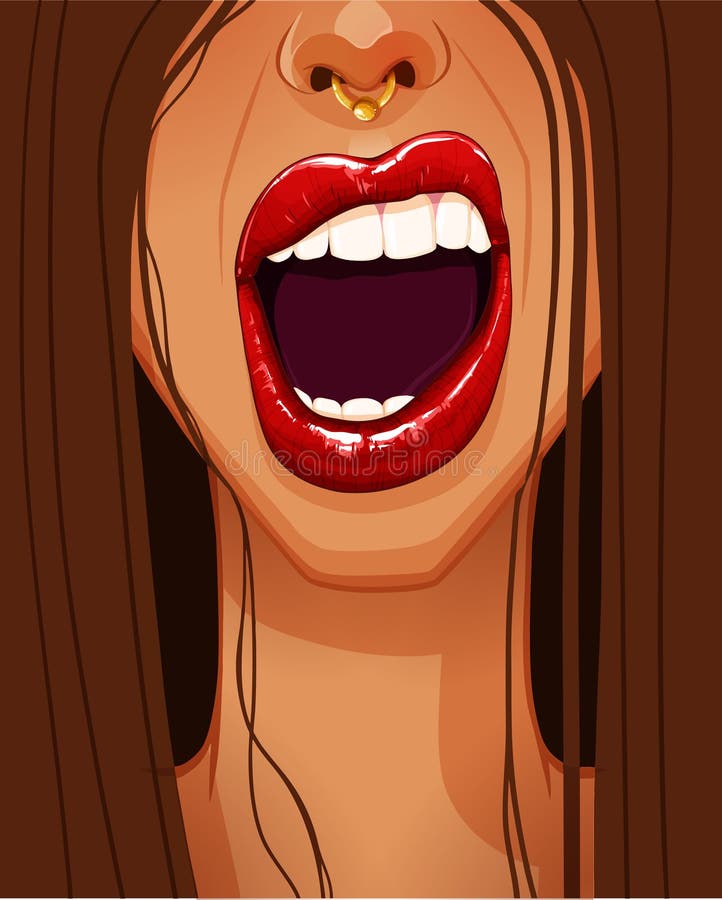 Primer de la cara atractiva del ` s de la mujer con los labios rojos llenos hermosos y la boca abierta stock de ilustración Primer de la cara atractiva del ` s de la mujer con los labios rojos llenos hermosos y la boca abierta stock de ilustración