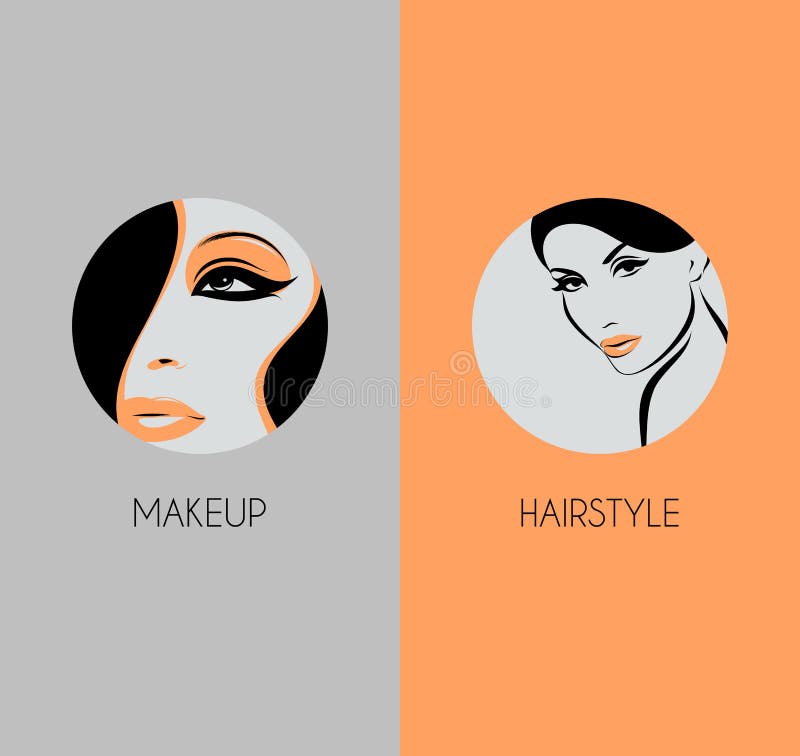 Primer de la cara de la muchacha. Insignias de la belleza del peinado y del maquillaje ilustración del vector Primer de la cara de la muchacha. Insignias de la belleza del peinado y del maquillaje ilustración del vector