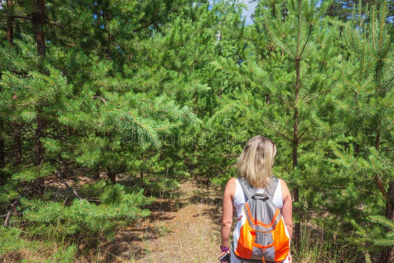Primer de la mujer con la mochila delante del concepto del bosque de los árboles del abeto y de pino de forma de vida, de caminar imágenes de archivo libres de regalías Primer de la mujer con la mochila delante del concepto del bosque de los árboles del abeto y de pino de forma de vida, de caminar imágenes de archivo libres de regalías