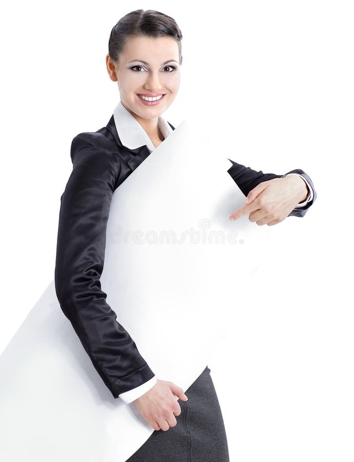 primer mujer de negocios sonriente que sostiene la bandera en blanco grande imagen de archivo libre de regalías primer mujer de negocios sonriente que sostiene la bandera en blanco grande imagen de archivo libre de regalías