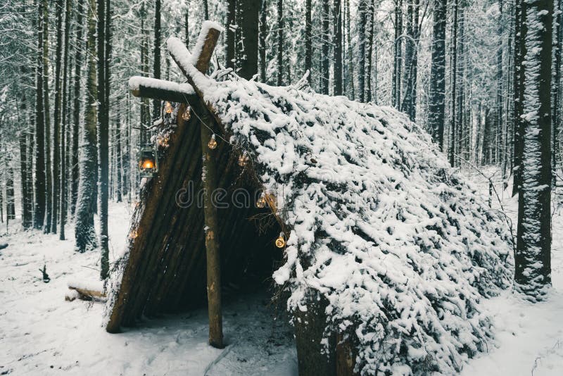 Primitive Winter Tarp Survival Shelter in the Blue Ridge Mountains Near  Asheville, North Carolina. Bushcraft Camp Setup in the Stock Photo - Image  of branches, beautiful: 174078144