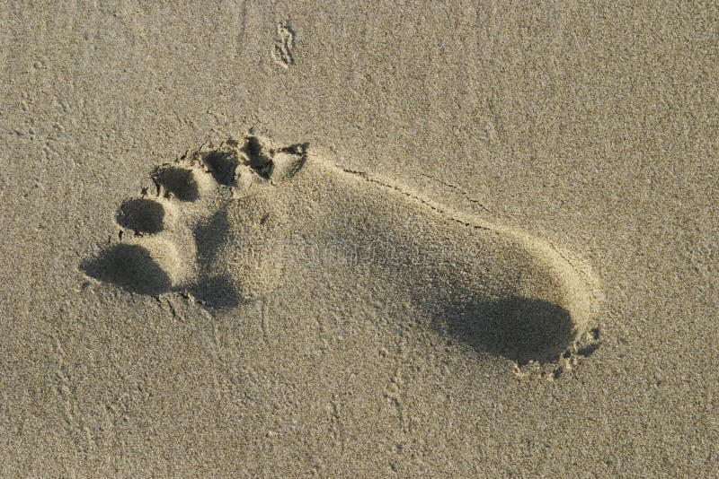 A single bare footprint on a sandy beach from a person walking barefoot on the sand. The imprint is neatly outlined by its shadow within the grains of sand on the beach. A single bare footprint on a sandy beach from a person walking barefoot on the sand. The imprint is neatly outlined by its shadow within the grains of sand on the beach.