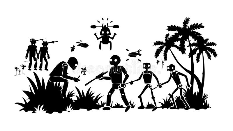 Primitive vs. Modern Combat, Humans and Robots Battle, vector design Generative AI vector illustration