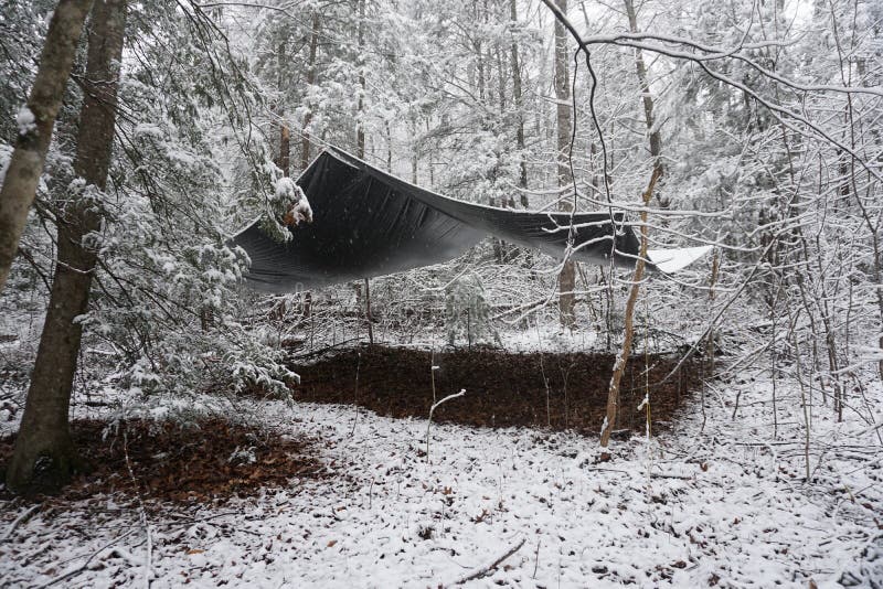 Primitive Winter Tarp Survival Shelter in the Blue Ridge Mountains Near  Asheville, North Carolina. Bushcraft Camp Setup in the Stock Photo - Image  of branches, beautiful: 174078144