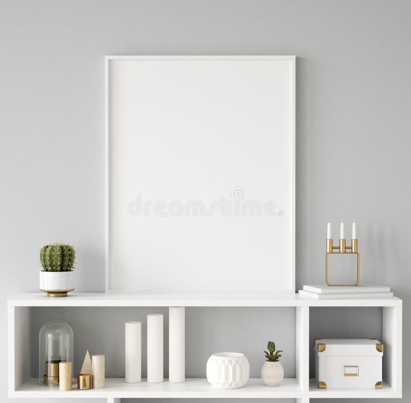 Primo piano alto falso della struttura del manifesto nel fondo interno, stile scandinavo immagine stock