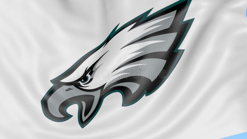 Primo piano della bandiera d'ondeggiamento con il logo del gruppo di football americano del NFL di Philadelphia Eagles, ciclo sen