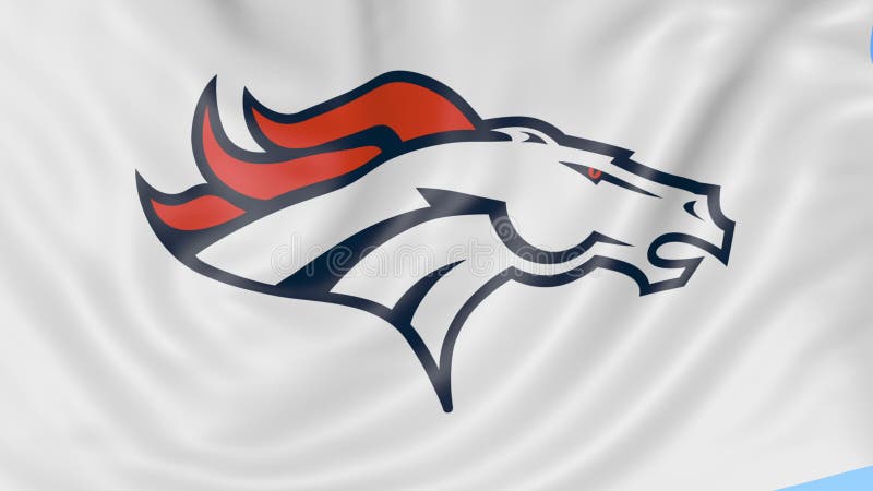 Primo piano della bandiera d'ondeggiamento con il logo del gruppo di football americano di Denver Broncos NFL, ciclo senza cucitu