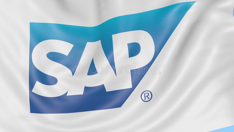 Primo piano della bandiera d'ondeggiamento con il logo del Se di SAP, ciclo senza cuciture, fondo blu, animazione editoriale 4K P
