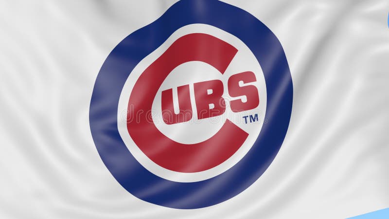 Primo piano della bandiera d'ondeggiamento con il logo della squadra di baseball di Chicago Cubs MLB, ciclo senza cuciture, fondo