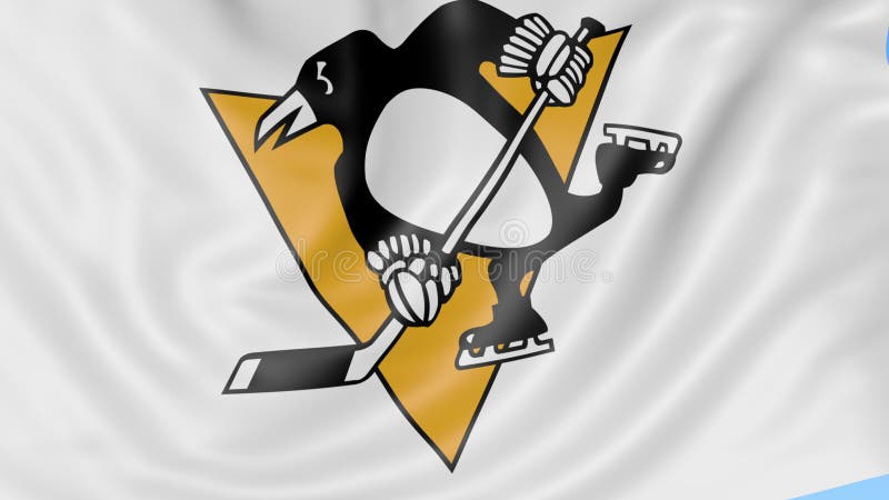 Primo piano della bandiera d'ondeggiamento con il logo della squadra di hockey del NHL di Pittsburgh Penguins, ciclo senza cucitu