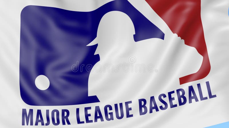 Primo piano della bandiera d'ondeggiamento con il logo di Major League Baseball MLB, ciclo senza cuciture, fondo blu Animazione e