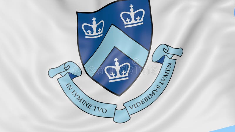 Primo piano della bandiera d'ondeggiamento con l'emblema dell'università di Columbia, ciclo senza cuciture, fondo blu Animazione