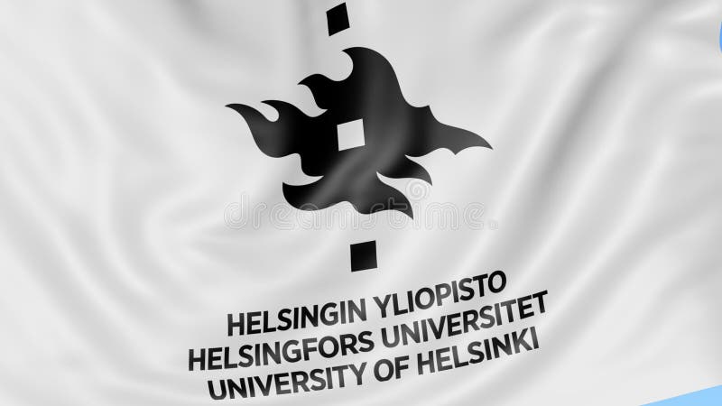 Primo piano della bandiera d'ondeggiamento con l'università di emblema di Helsinki, ciclo senza cuciture, fondo blu Animazione ed