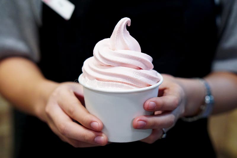 Primo piano della tazza asportabile con il gelato congelato organico del yogurt