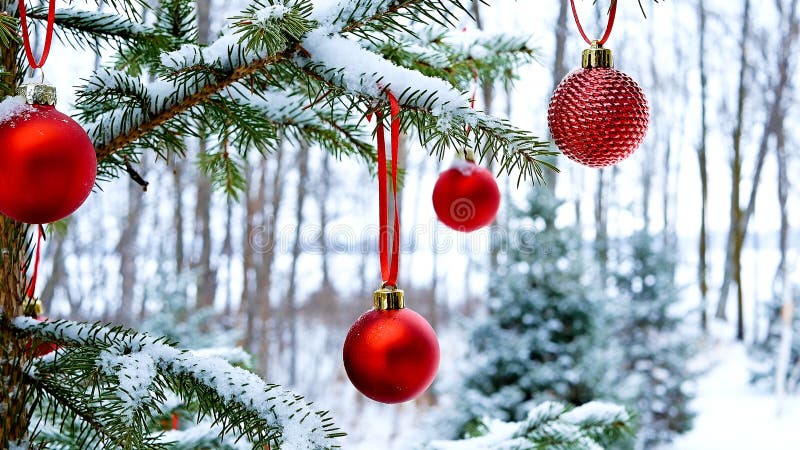 Primo piano delle palle rosse delle bagattelle di Natale che appendono sui rami di pino innevati fuori fotografia stock Primo piano delle palle rosse delle bagattelle di Natale che appendono sui rami di pino innevati fuori fotografia stock