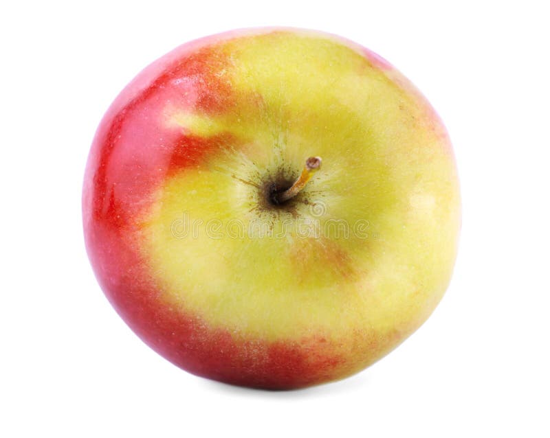 Primo piano di una mela rosso-gialla perfetta, su un fondo bianco Frutta succosa, nutriente, saporita, luminosa fotografia stock libera da diritti Primo piano di una mela rosso-gialla perfetta, su un fondo bianco Frutta succosa, nutriente, saporita, luminosa fotografia stock libera da diritti