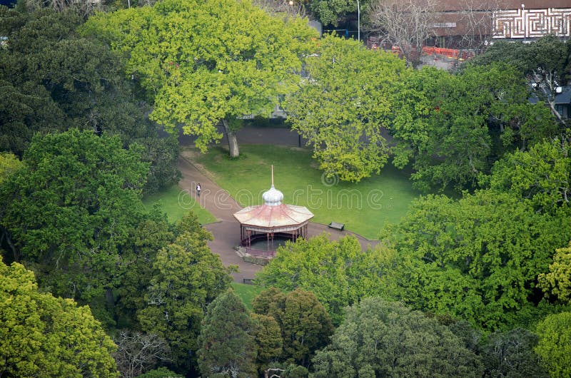 AUCKLAND, NZ - OCT 08:Aerial view of the band rotunda in Prince Albert Park on Oct 08 2013.Albert Park is a famous scenic park in central Auckland, New Zealand. AUCKLAND, NZ - OCT 08:Aerial view of the band rotunda in Prince Albert Park on Oct 08 2013.Albert Park is a famous scenic park in central Auckland, New Zealand.