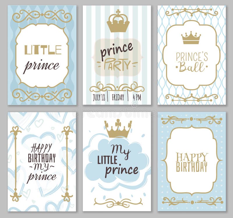 Prince-ramar Cute boy-gruppinbjudan, dusch eller ljuskanter för elegant blå dekantering av vektormallar för kort royaltyfri illustrationer