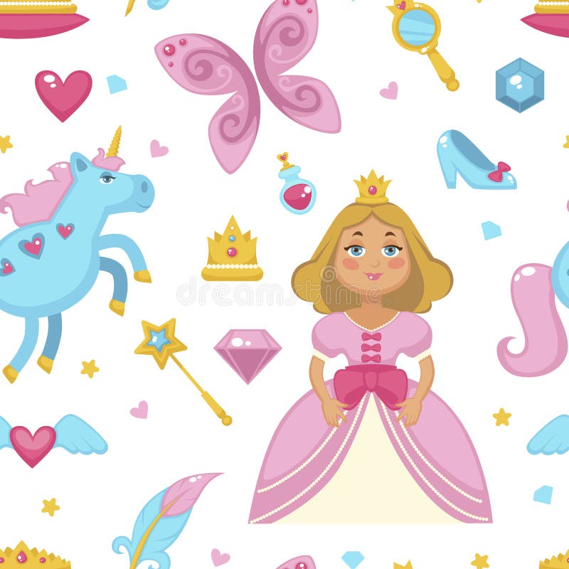 Princesa com o teste padrão sem emenda feericamente dos elementos, do unicórnio e da varinha da mágica isolado no vetor branco do ilustração royalty free Princesa com o teste padrão sem emenda feericamente dos elementos, do unicórnio e da varinha da mágica isolado no vetor branco do ilustração royalty free