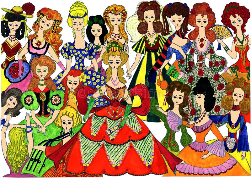 Princesas en una bola Gráfico de la mano del `s del niño libre illustration Princesas en una bola Gráfico de la mano del `s del niño libre illustration