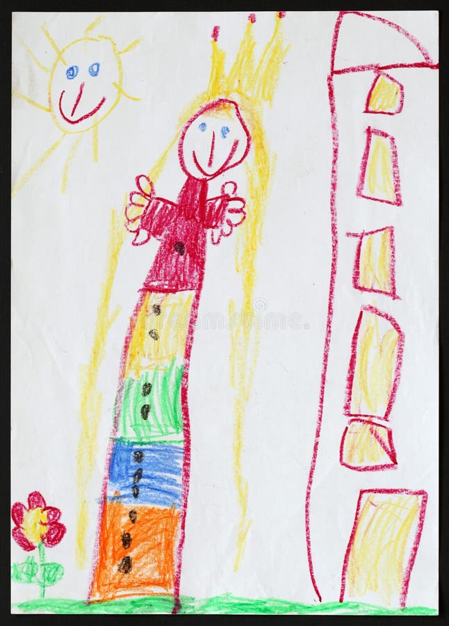 Originale per bambino disegno di una principessa accanto al multipiano casa disegnata da un cinque-anno-vecchia ragazza.