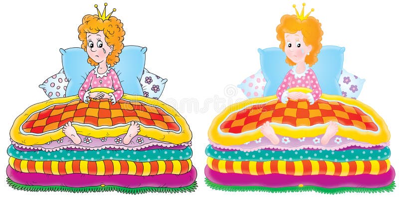 The Princess sits on her bed covered with mattresses and pillows. The Princess sits on her bed covered with mattresses and pillows