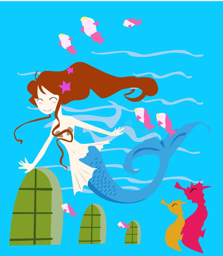 Mermaid, hippocampi, fish, starfish under the sea. Mermaid, hippocampi, fish, starfish under the sea