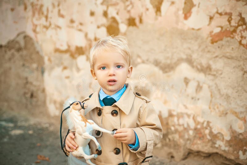 Principe sul cavallo bianco principe del bambino piccolo piccolo bambino con il cavallo del giocattolo Infanzia felice Il giorno fotografie stock libere da diritti Principe sul cavallo bianco principe del bambino piccolo piccolo bambino con il cavallo del giocattolo Infanzia felice Il giorno fotografie stock libere da diritti