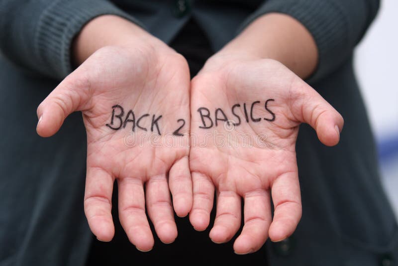 Back 2 Basics written on two palms. Back 2 Basics written on two palms