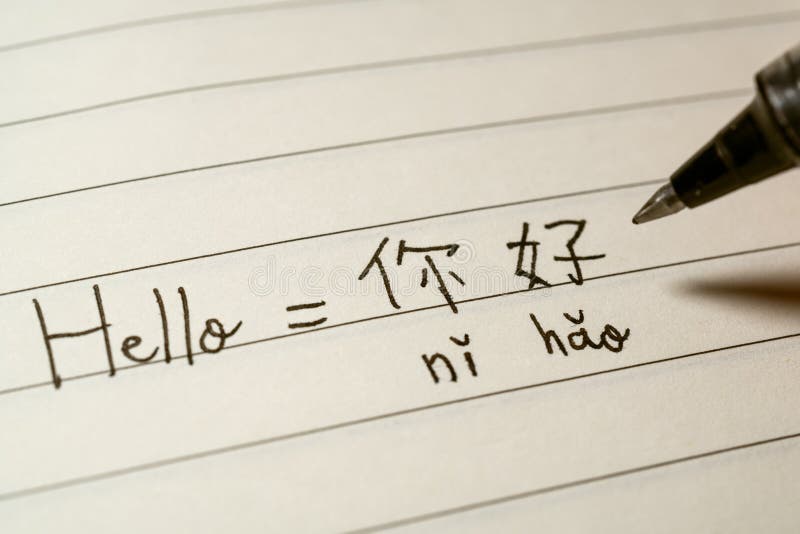 Principiante de lengua china del principiante que escribe la palabra Nihao del hola en caracteres chinos y el pinyin en un cuader