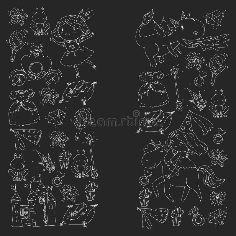Prinsessavektormodeller Gullig liten prinsessa med enhörningen och draken Slott för lilla flickan, klänning, trollspö fe stock illustrationer Prinsessavektormodeller Gullig liten prinsessa med enhörningen och draken Slott för lilla flickan, klänning, trollspö fe stock illustrationer