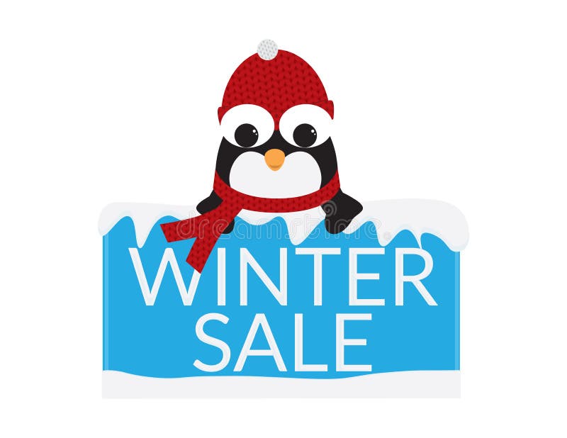 Cute Penguin with Red Beanie and scarf behind a Blue sign with snow and WINTER SALE text