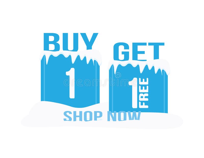 Winter sale banner, shop now icon. Buy one get one free, ice cubes and snow royalty free illustration Winter sale banner, shop now icon. Buy one get one free, ice cubes and snow royalty free illustration