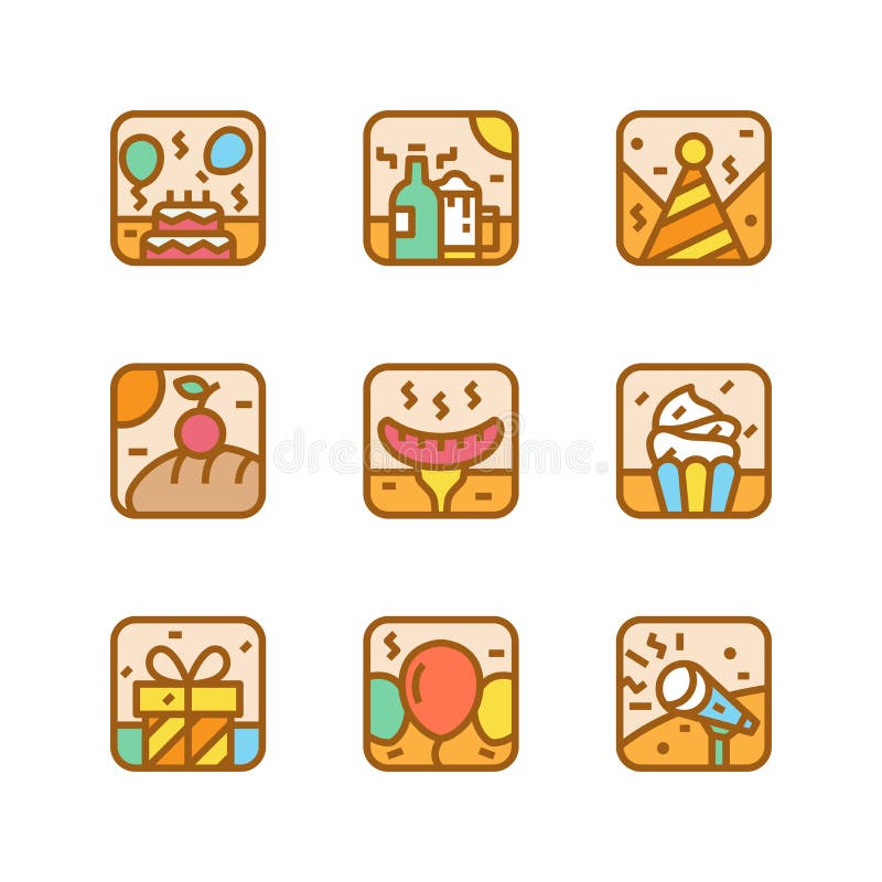 Party icon illustration set with birthday cake and hat vector design element template stock illustration Party icon illustration set with birthday cake and hat vector design element template stock illustration
