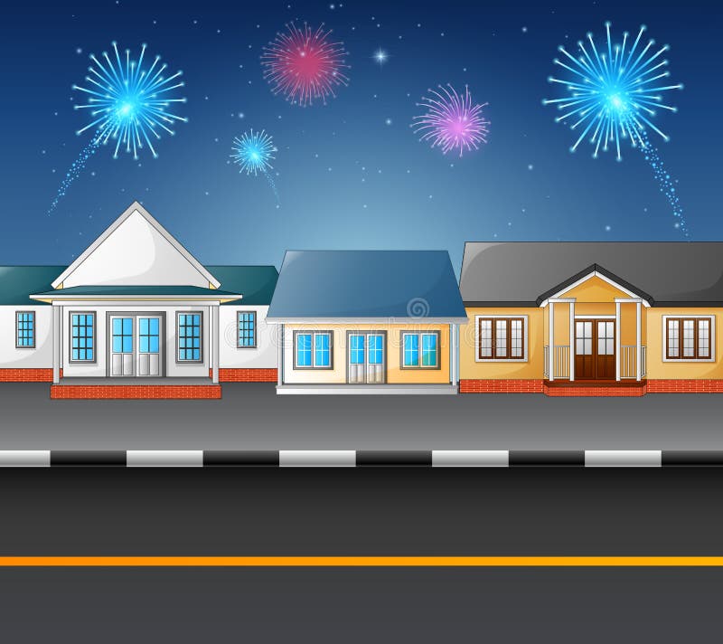Urban countryside landscape with fireworks in the sky royalty free illustration Urban countryside landscape with fireworks in the sky royalty free illustration