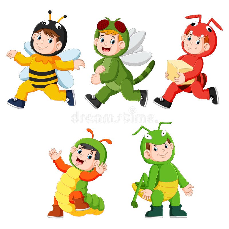 Collection of children wearing cute insect animal costumes stock illustration
