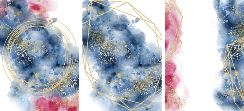 Watercolor abstract aquamarine, background, watercolour blue, pink and gold texture Vector illustration