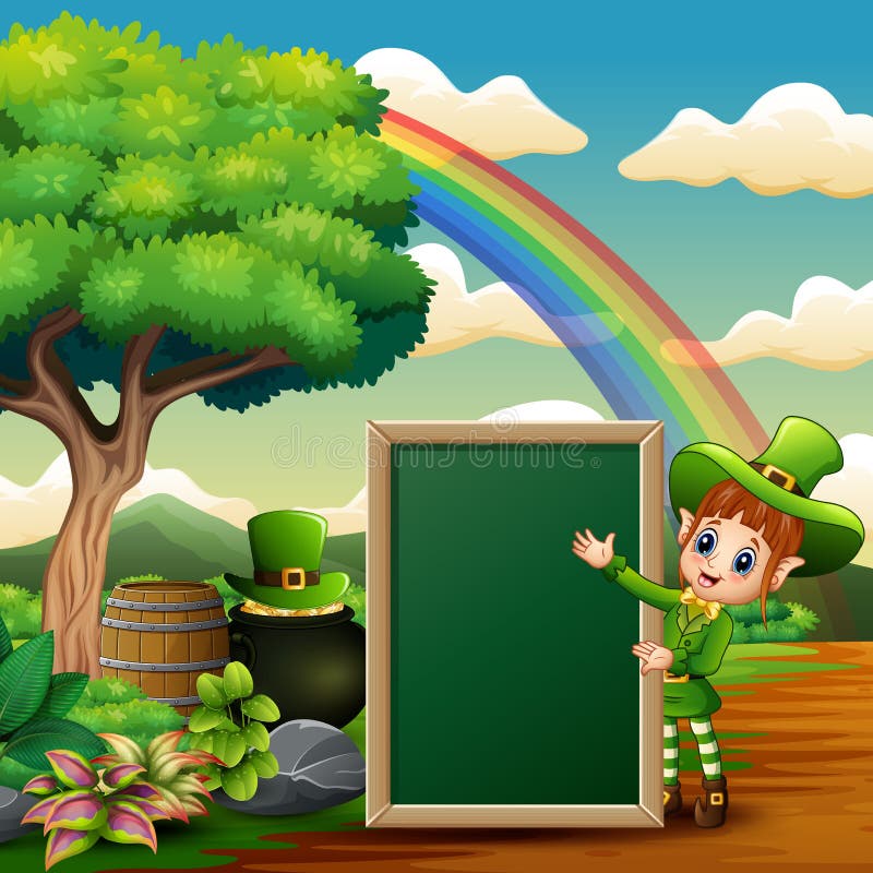 Leprechaun Girl with a Chalkboard Sign with Nature Background Stock