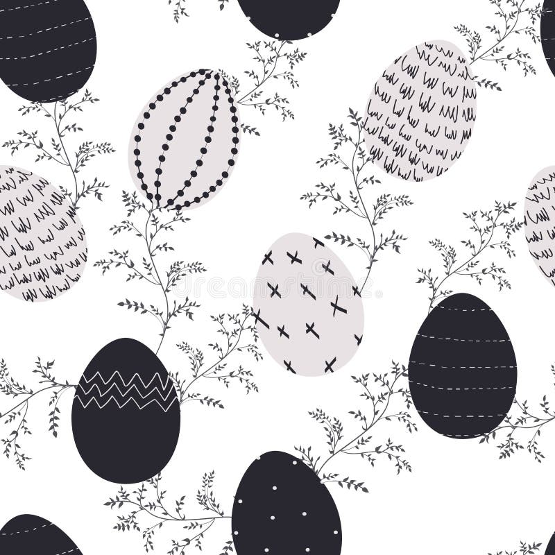 Illustrations of Easter decorative eggs pattern seamless. Black and white, modern design. stock illustration Illustrations of Easter decorative eggs pattern seamless. Black and white, modern design. stock illustration