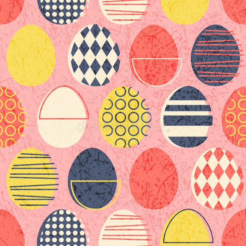Abstract seamless retro Easter eggs pattern in stamped style. stock illustration